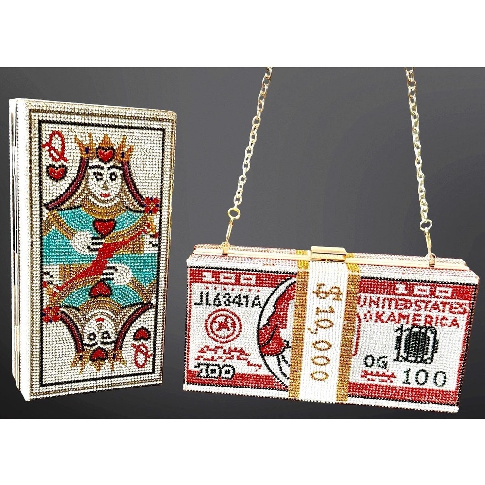 Blinged Out Vegas Themed Clutch Hard Box Bags Set Queen of Hearts & Money Stack